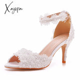 Xajzpa - White Lace Pearl Wedding Shoes Women Open Toe High Heels Luxury Sandals Banquet Dress