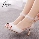 Xajzpa - White Lace Pearl Wedding Shoes Women Open Toe High Heels Luxury Sandals Banquet Dress