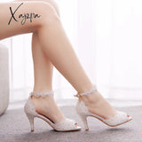 Xajzpa - White Lace Pearl Wedding Shoes Women Open Toe High Heels Luxury Sandals Banquet Dress