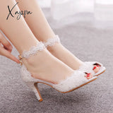 Xajzpa - White Lace Pearl Wedding Shoes Women Open Toe High Heels Luxury Sandals Banquet Dress