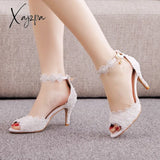 Xajzpa - White Lace Pearl Wedding Shoes Women Open Toe High Heels Luxury Sandals Banquet Dress