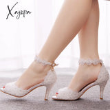 Xajzpa - White Lace Pearl Wedding Shoes Women Open Toe High Heels Luxury Sandals Banquet Dress