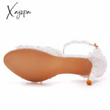 Xajzpa - White Lace Pearl Wedding Shoes Women Open Toe High Heels Luxury Sandals Banquet Dress