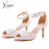 Xajzpa - White Lace Pearl Wedding Shoes Women Open Toe High Heels Luxury Sandals Banquet Dress