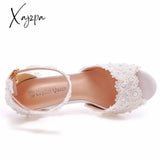 Xajzpa - White Lace Pearl Wedding Shoes Women Open Toe High Heels Luxury Sandals Banquet Dress