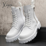 Xajzpa - White Men Casual Boots Punk High Tops Motorcycle Ankle Boots Height Increasing Shoes