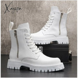 Xajzpa - White Men Casual Boots Punk High Tops Motorcycle Ankle Boots Height Increasing Shoes