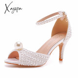 Xajzpa White Pearl Sandals Women Open Toe High Heels Lady Luxury Wedding Shoes Banquet Dress