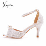 Xajzpa White Pearl Sandals Women Open Toe High Heels Lady Luxury Wedding Shoes Banquet Dress