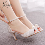 Xajzpa White Pearl Sandals Women Open Toe High Heels Lady Luxury Wedding Shoes Banquet Dress