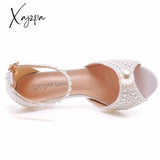 Xajzpa White Pearl Sandals Women Open Toe High Heels Lady Luxury Wedding Shoes Banquet Dress