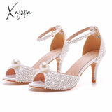 Xajzpa White Pearl Sandals Women Open Toe High Heels Lady Luxury Wedding Shoes Banquet Dress