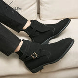 Xajzpa - Winter Boots For Men Handmade Ankle High Faux Suede Leather Dress Formal Buckle Design