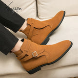 Xajzpa - Winter Boots For Men Handmade Ankle High Faux Suede Leather Dress Formal Buckle Design