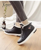 Xajzpa - Winter Boots Women Ankle Warm Pu Plush Woman Shoes Sneakers Flats Lace Up Ladies Short Snow