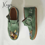 Xajzpa - Winter New Female Comfort Cartoon Cat Printed Leather Button Casual Flat Ankle Boots 6