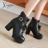 Xajzpa - Winter New High-Heeled Coarse Heel Platform Martin Boots Frenulum Waterproof Thick Bottom