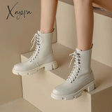 Xajzpa - Winter New Lace-Up Ankle Boots For Women Thick Bottom Round Toe Genuine Leather Black