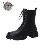 Xajzpa - Winter New Lace-Up Ankle Boots For Women Thick Bottom Round Toe Genuine Leather Black