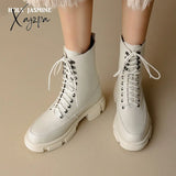 Xajzpa - Winter New Lace-Up Ankle Boots For Women Thick Bottom Round Toe Genuine Leather Black