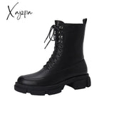 Xajzpa - Winter New Lace-Up Ankle Boots For Women Thick Bottom Round Toe Genuine Leather Black