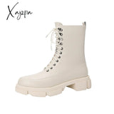 Xajzpa - Winter New Lace-Up Ankle Boots For Women Thick Bottom Round Toe Genuine Leather Black