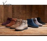 Xajzpa - Winter The New Winter Sloping Heel Bare Boots Suede Round Head Spot Flat Artificial Wool