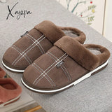 Xajzpa - Winter Warm Slippers Men Suede Gingham Short Plush Indoor Shoes For Male Non Slip Cozy