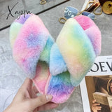 Xajzpa - Winter Women House Slippers Faux Fur Fashion Warm Shoes Woman Slip On Flats Female Slides