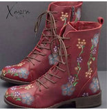 Xajzpa - Woman Ankle Boots Embroidery Big Size 43 Flower Women Autumn Winter Lace Up Pu Leather