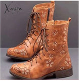 Xajzpa - Woman Ankle Boots Embroidery Big Size 43 Flower Women Autumn Winter Lace Up Pu Leather