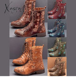 Xajzpa - Woman Ankle Boots Embroidery Big Size 43 Flower Women Autumn Winter Lace Up Pu Leather