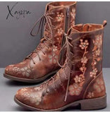 Xajzpa - Woman Ankle Boots Embroidery Big Size 43 Flower Boots Women Autumn Winter Lace Up PU Leather Female Footwear Ladies Shoes