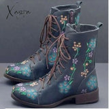 Xajzpa - Woman Ankle Boots Embroidery Big Size 43 Flower Women Autumn Winter Lace Up Pu Leather