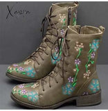 Xajzpa - Woman Ankle Boots Embroidery Big Size 43 Flower Women Autumn Winter Lace Up Pu Leather