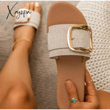 Xajzpa - Woman's Shoes Women Metal Decoration Slippers Summer Outdoor Flat Beach Fashion Square Toe Female Slides Laides Slippers