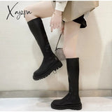 Xajzpa - Women Ankle Boots Ladies Shoes Slip On Mid Calf Platform Soft Pu Leather Long Boot