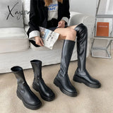 Xajzpa - Women Ankle Boots Ladies Shoes Slip On Mid Calf Platform Soft Pu Leather Long Boot