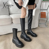 Xajzpa - Women Ankle Boots Ladies Shoes Slip On Mid Calf Platform Soft Pu Leather Long Boot