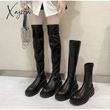 Xajzpa - Women Ankle Boots Ladies Shoes Slip On Mid Calf Platform Soft Pu Leather Long Boot