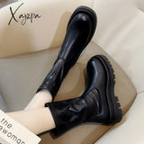 Xajzpa - Women Ankle Boots Ladies Shoes Slip On Mid Calf Platform Soft Pu Leather Long Boot