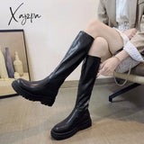 Xajzpa - Women Ankle Boots Ladies Shoes Slip On Mid Calf Platform Soft Pu Leather Long Boot