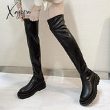 Xajzpa - Women Ankle Boots Ladies Shoes Slip On Mid Calf Platform Soft Pu Leather Long Boot