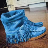 Xajzpa Women Ankle Boots Ladies Suede Shoes Tassel Single Pop Tide Silp-On Boho Flat Cowboy Short