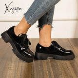 Xajzpa - Women Black Platform Chunky Heel Loafers Lace Up Lug Sole Shoes