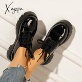 Xajzpa - Women Black Platform Chunky Heel Loafers Lace Up Lug Sole Shoes