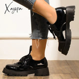 Xajzpa - Women Black Platform Chunky Heel Loafers Lace Up Lug Sole Shoes