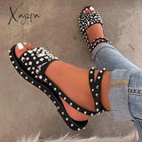 Xajzpa - Women Black Summer Sandals Rivet Open Toe With Buckled Ankle Strap / 5