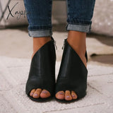 Xajzpa - Women Black Summer Sandals Side Zip Mid Heel Peep Toe