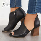 Xajzpa - Women Black Summer Sandals Side Zip Mid Heel Peep Toe